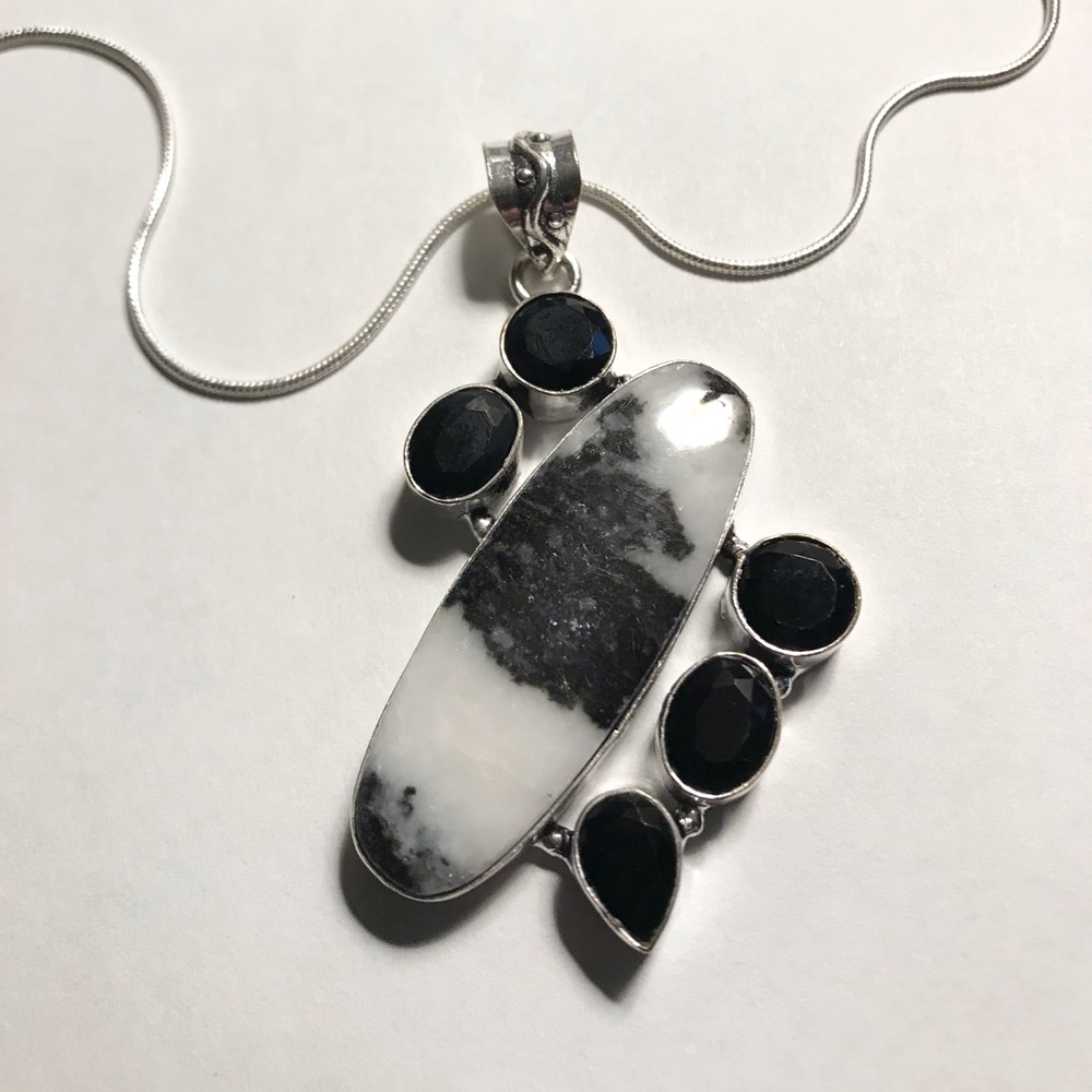 White Buffalo Black Onyx Stamped 925 Sterling Silver Necklace